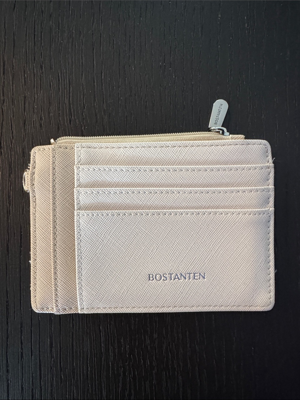 Bostanten tan/ivory multi slot, ID pocket zipper close pebbled leather wallet.